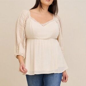 TORRID Peplum Gauze Swiss Dot Lace Lined and Smocked Rayon Cream Top Size 0 LG